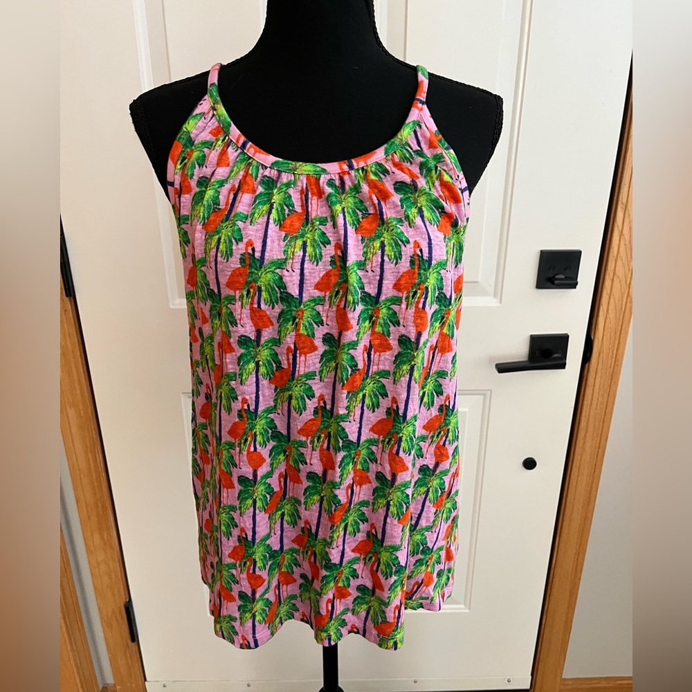 Women’s 100% linen tropical pink with flamingos & palm trees strappy top. XL